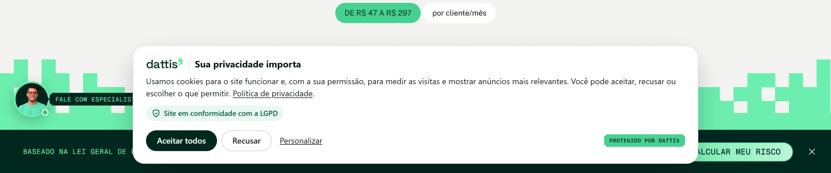 Aviso de cookies da Dattis no rodapé de um site, com Aceitar todos, Recusar e Personalizar