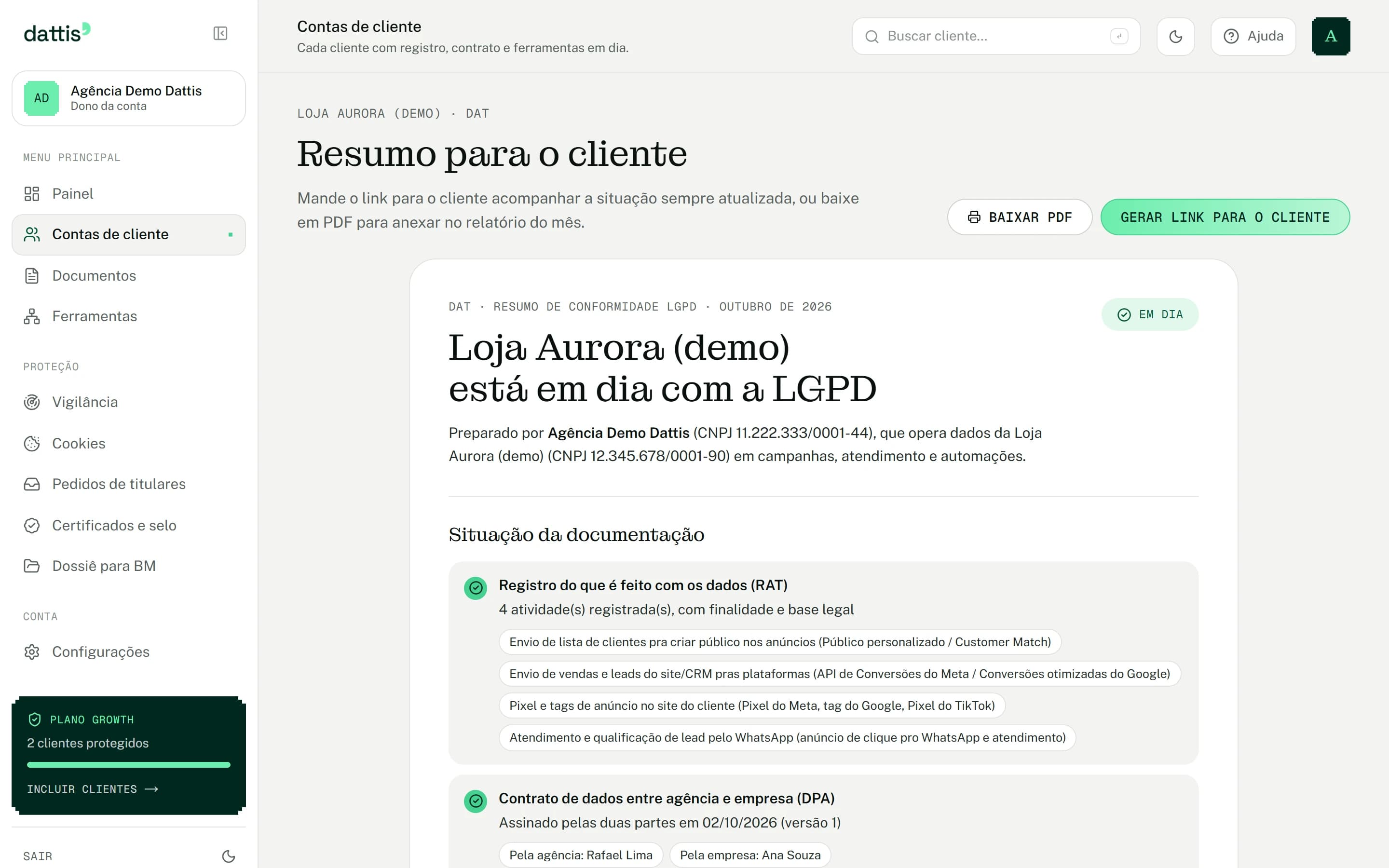 Relatório de conformidade de um cliente